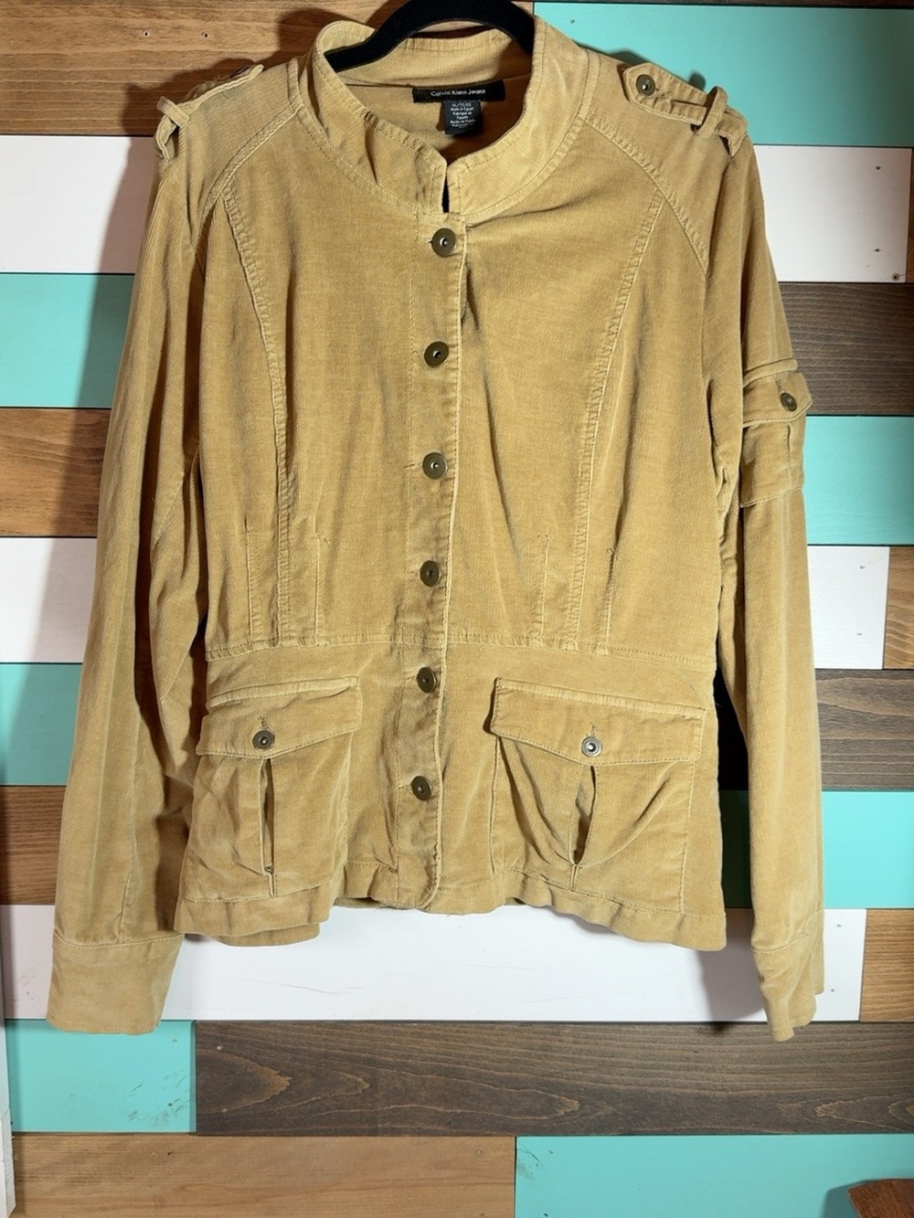 Calvin Klein Jeans Tan Stretch Corduroy Military Utility Jacket